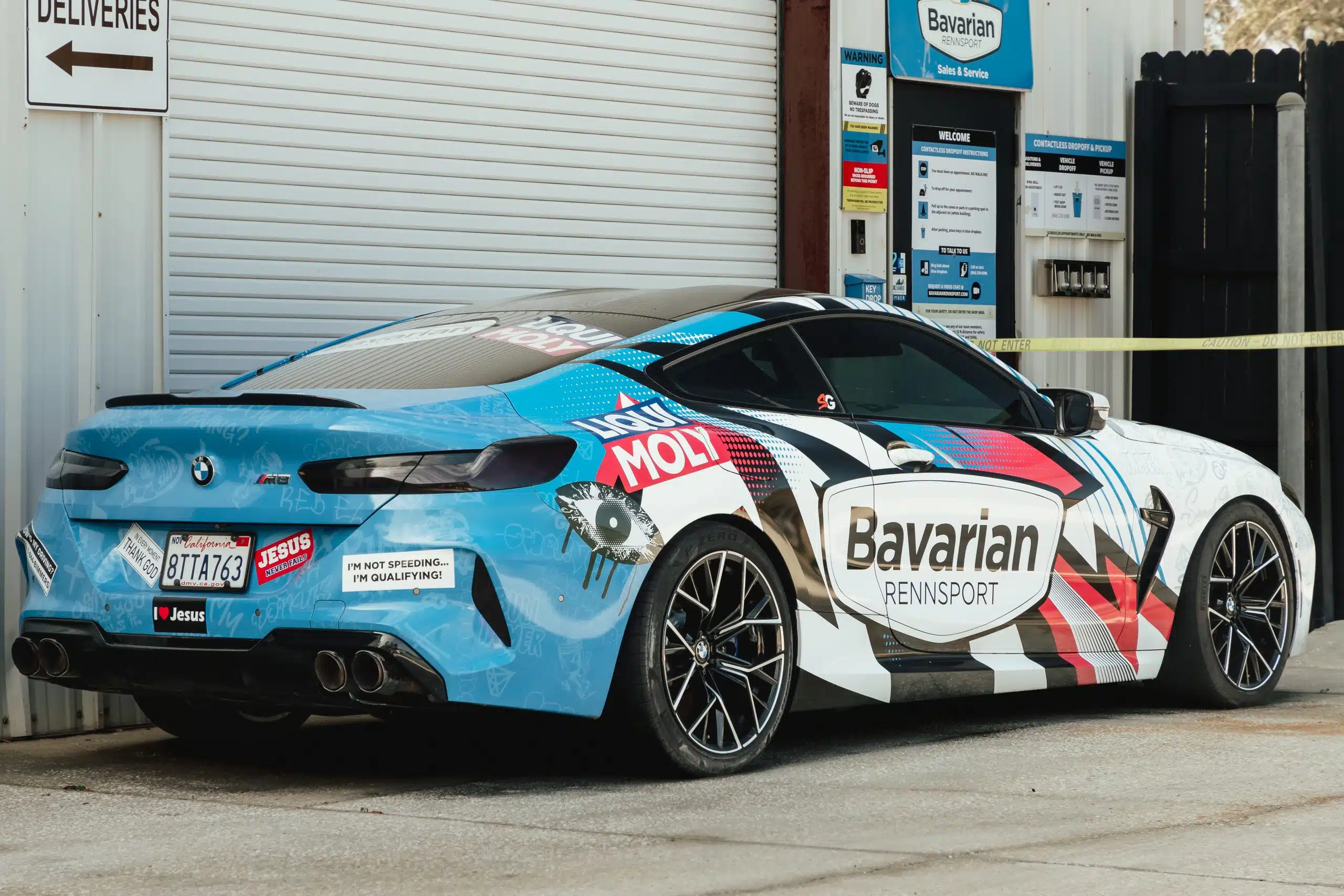 Bavarian racing livery BMW outside shop in Jacksonville Florida at Bavarian Rennsport