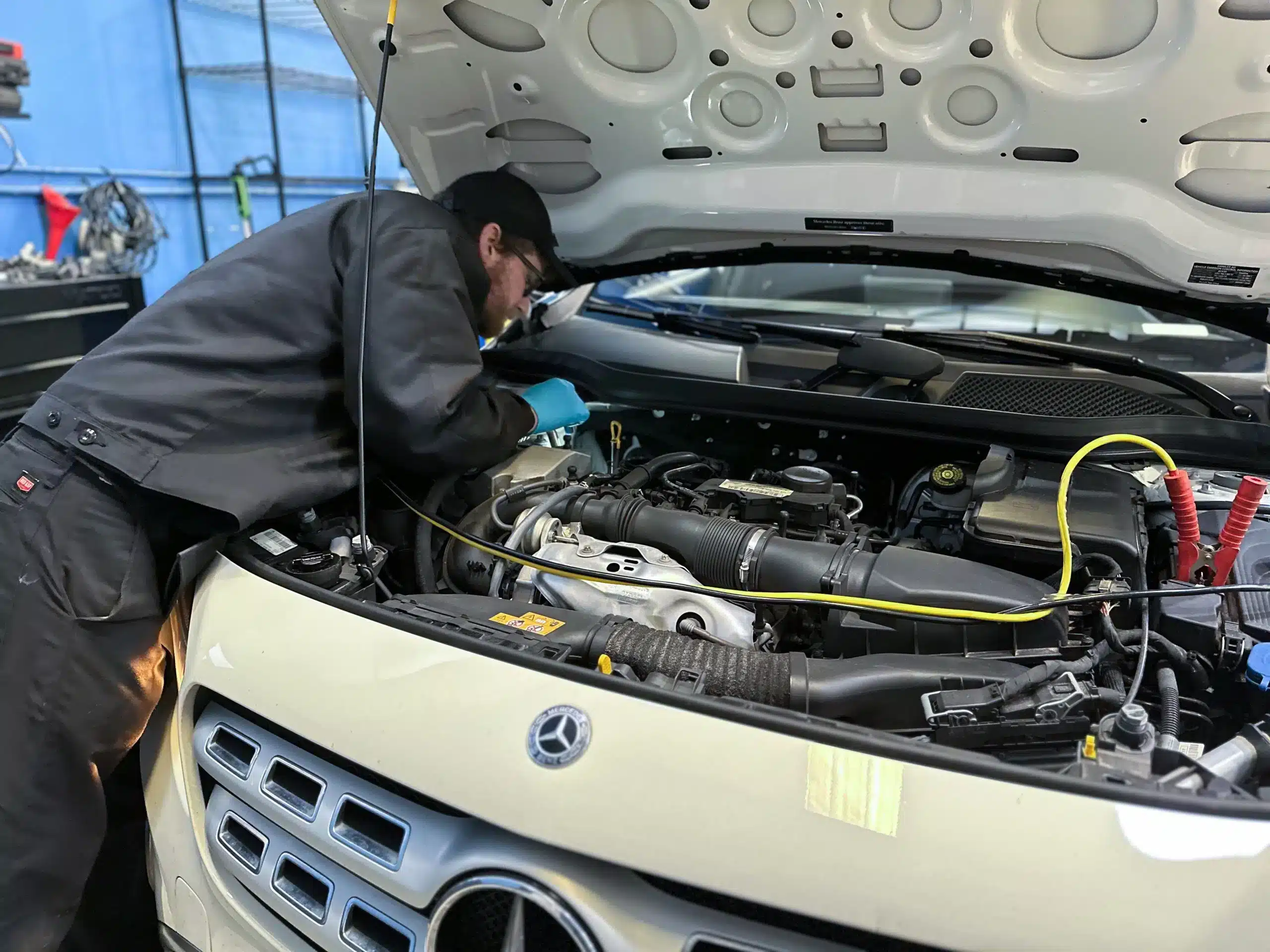 mercedes benz engine being serviced at bavarian rennsport in jacksonville florida